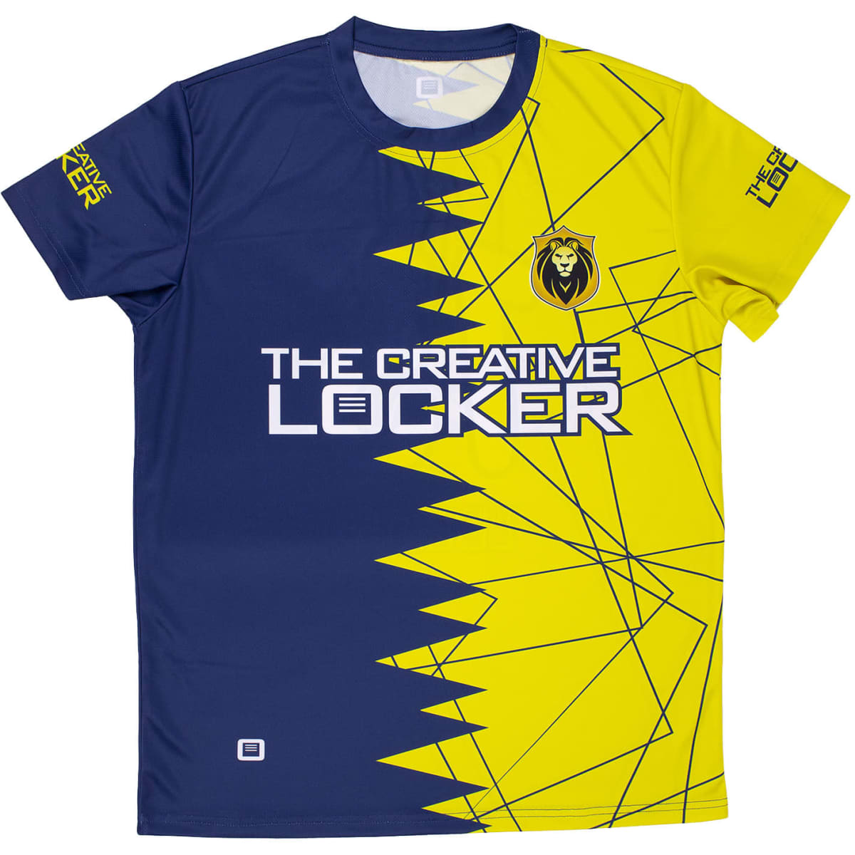 A unisex crew neck sports t-shirt featuring a blue and yellow geometric design, with a logo on one sleeve.