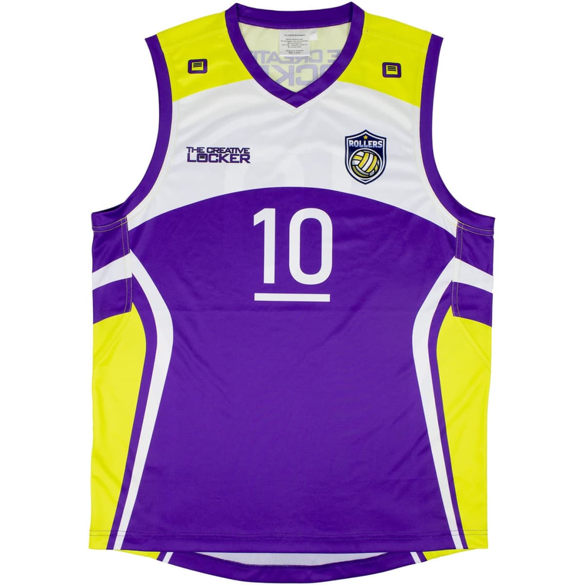 A unisex sports tank in purple and yellow, featuring a logo and the number 10 on the front.