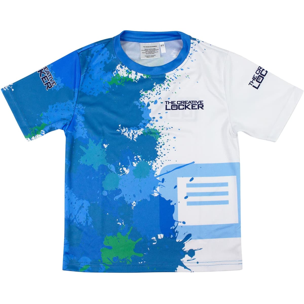 A blue and white kids' crew neck sports T-shirt featuring a splash design and a logo on the sleeve.
