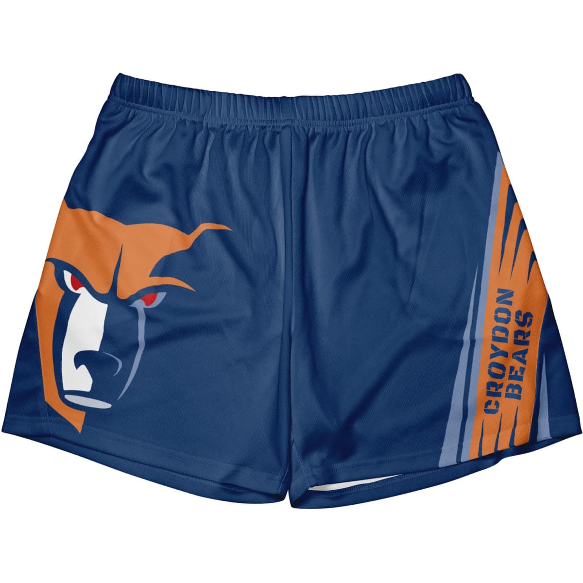 Unisex sports shorts in blue featuring an orange and grey graphic design and branding element.