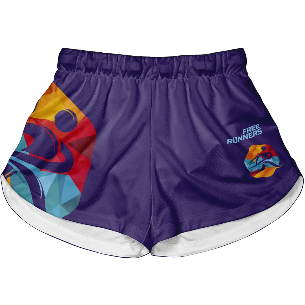 Vibrant purple sports shorts with a colourful geometric design and a branding logo on the side.