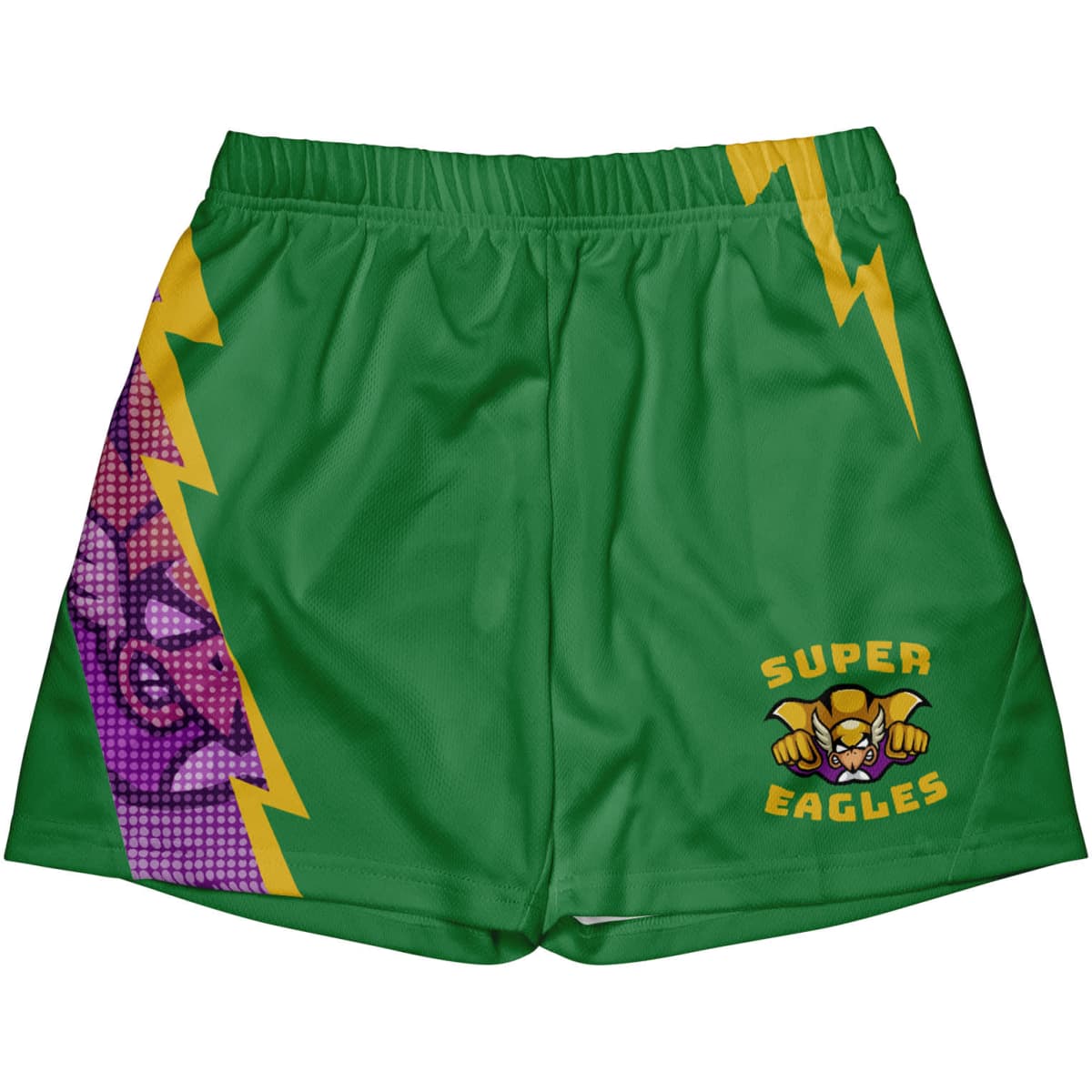 Green sports shorts featuring a playful design with purple and yellow lightning accents, plus a logo on the front.