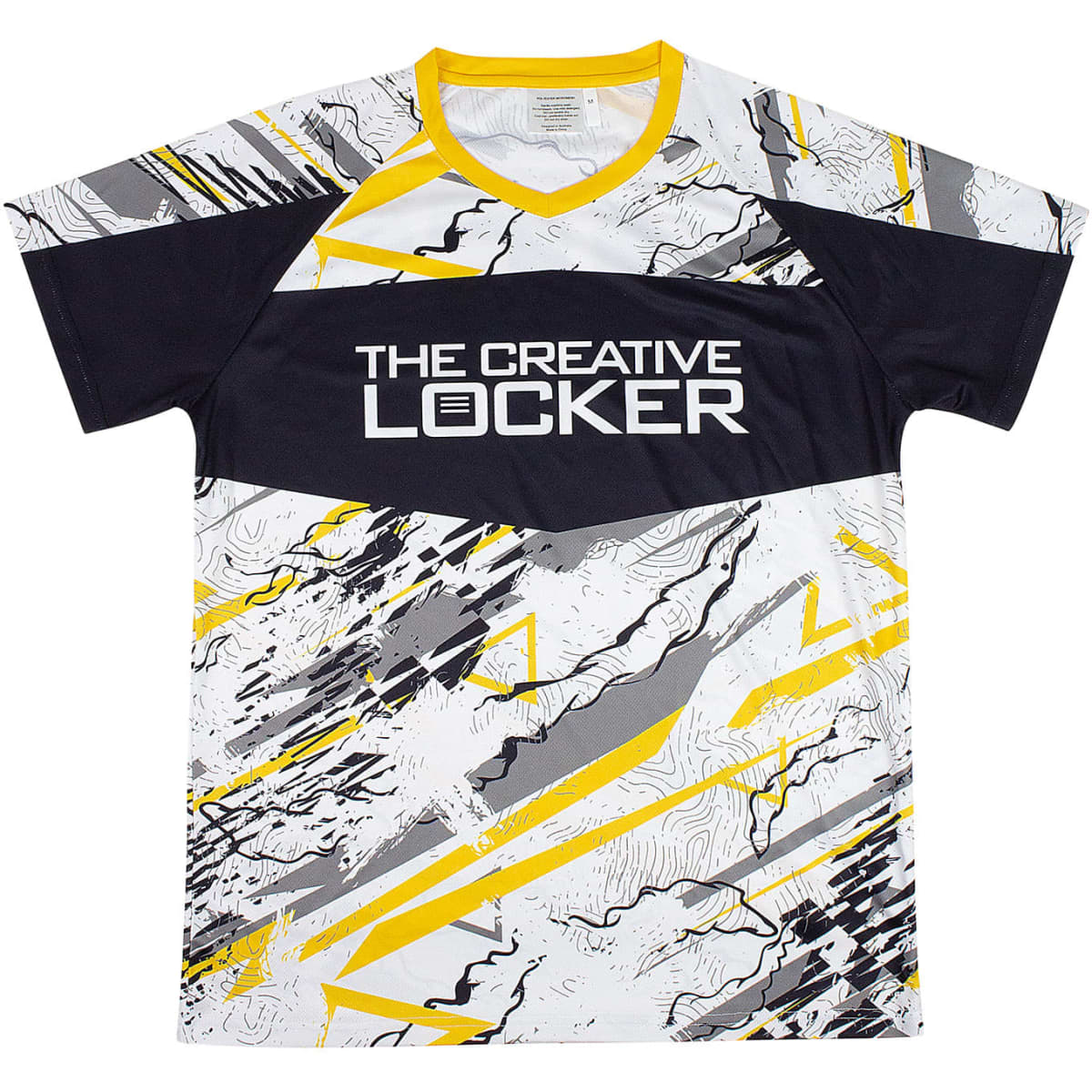 A unisex sports t-shirt featuring a raglan V-neck design in black, white, and yellow with abstract patterns and a logo.