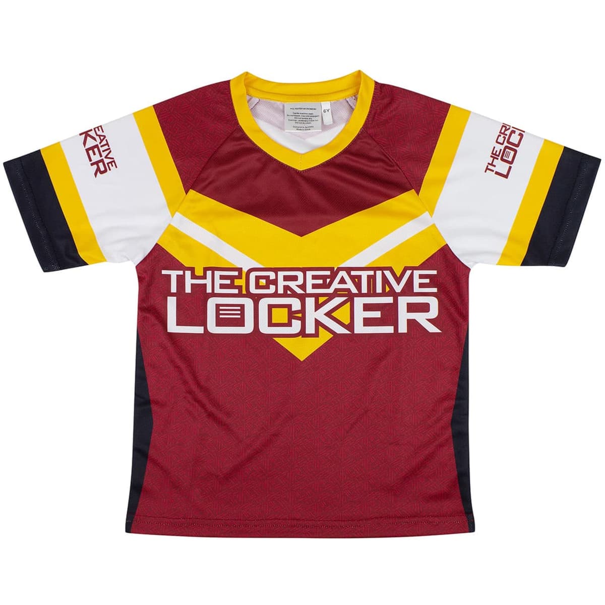 A kids' sports T-shirt in maroon with yellow and white accents, featuring a logo on the front.