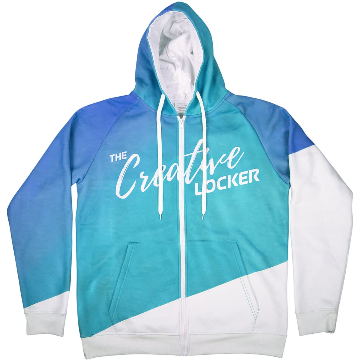A hoodie zip in blue gradient with a white lower section and a front logo. Features a drawstring hood.