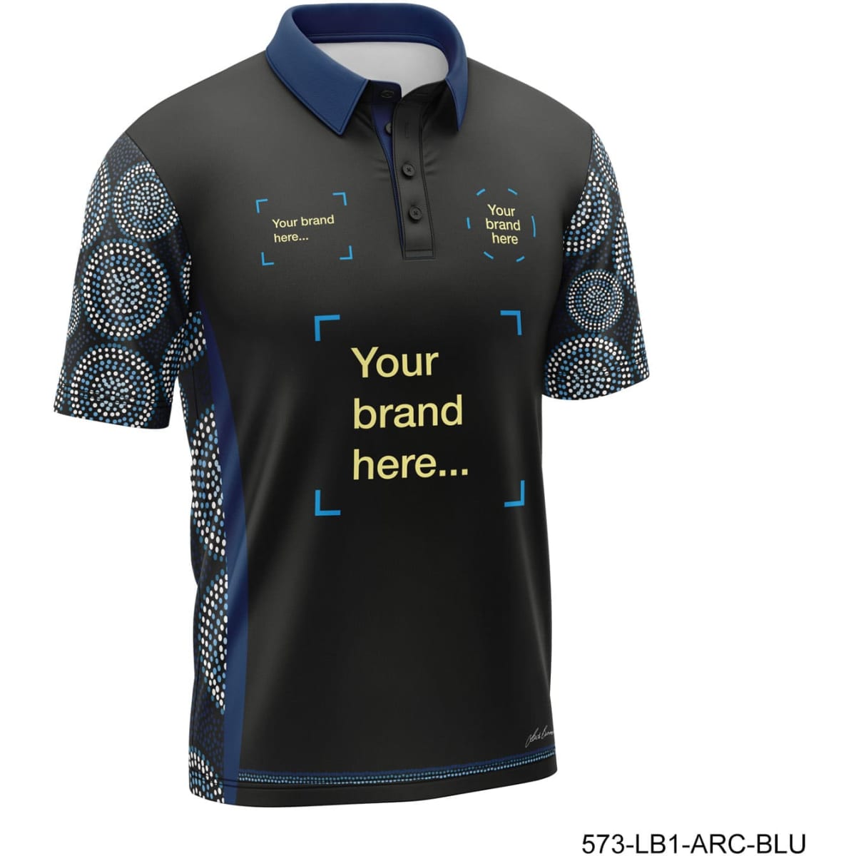 A black and blue polo shirt featuring patterned sleeves and a prominent logo space for branding.