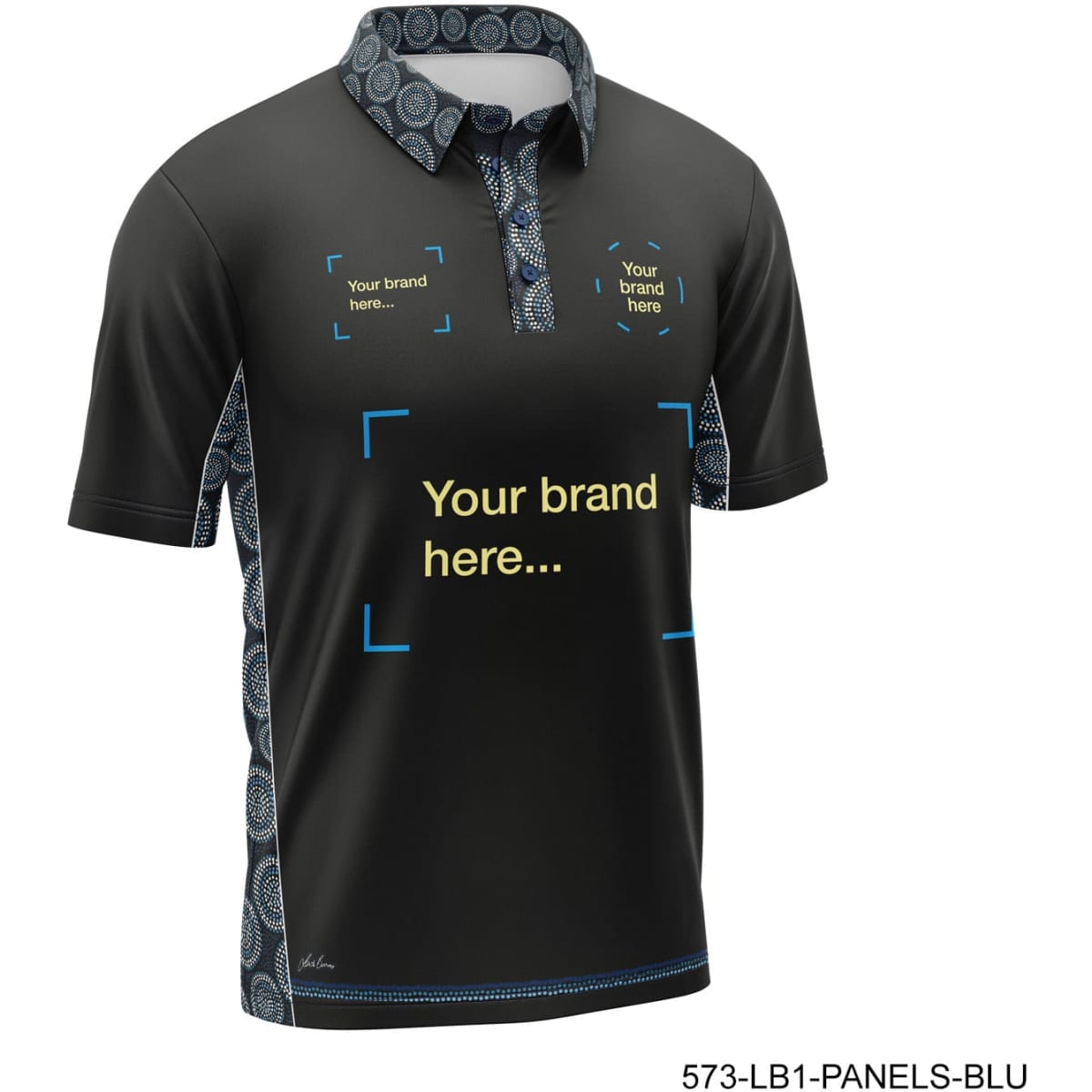 A black polo shirt with blue patterned accents and a logo placement area.