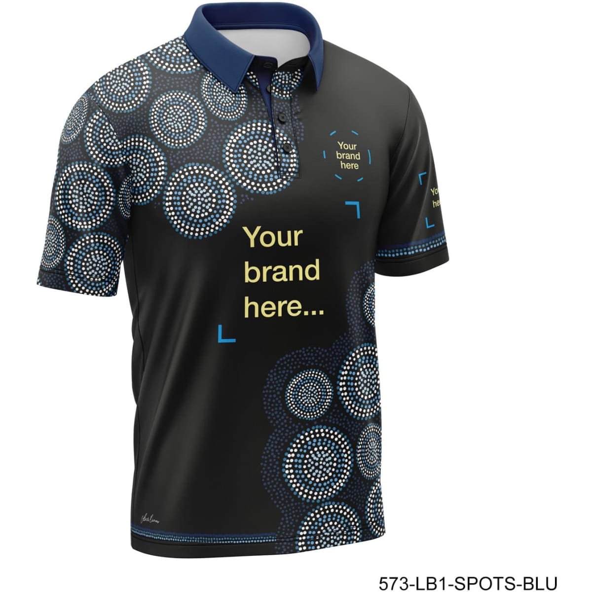 A black polo shirt with blue collar, featuring a circular design and a logo. Ideal for custom branding.