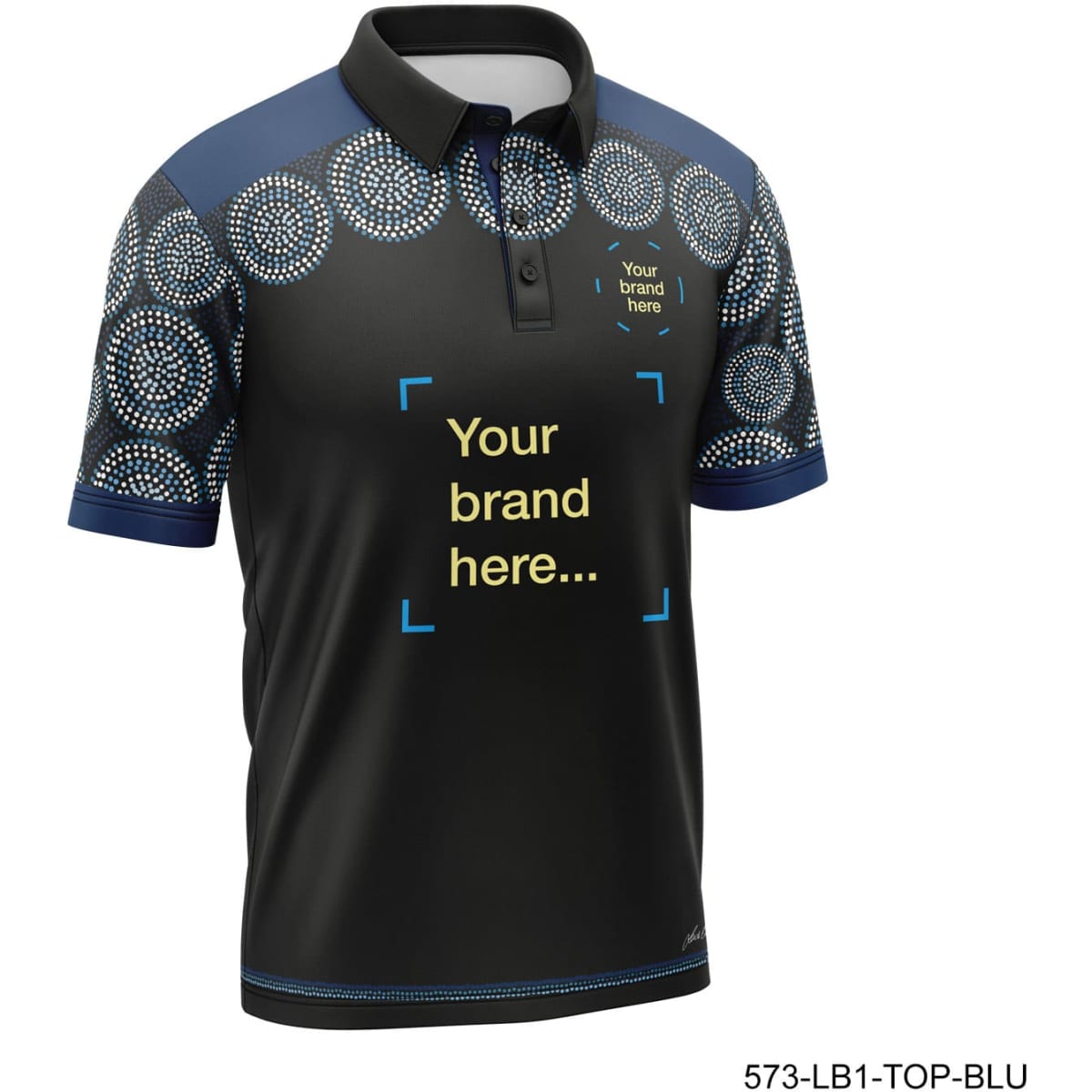 A black and blue polo shirt featuring a circular pattern and a branding area on the front.