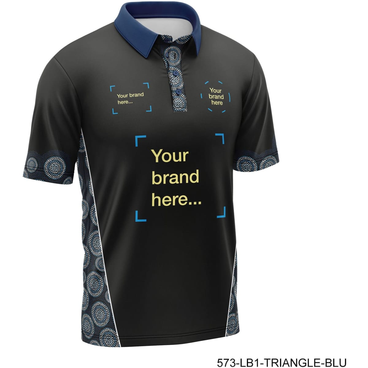 A black polo shirt with blue collar, featuring a patterned design and a logo space on the front.