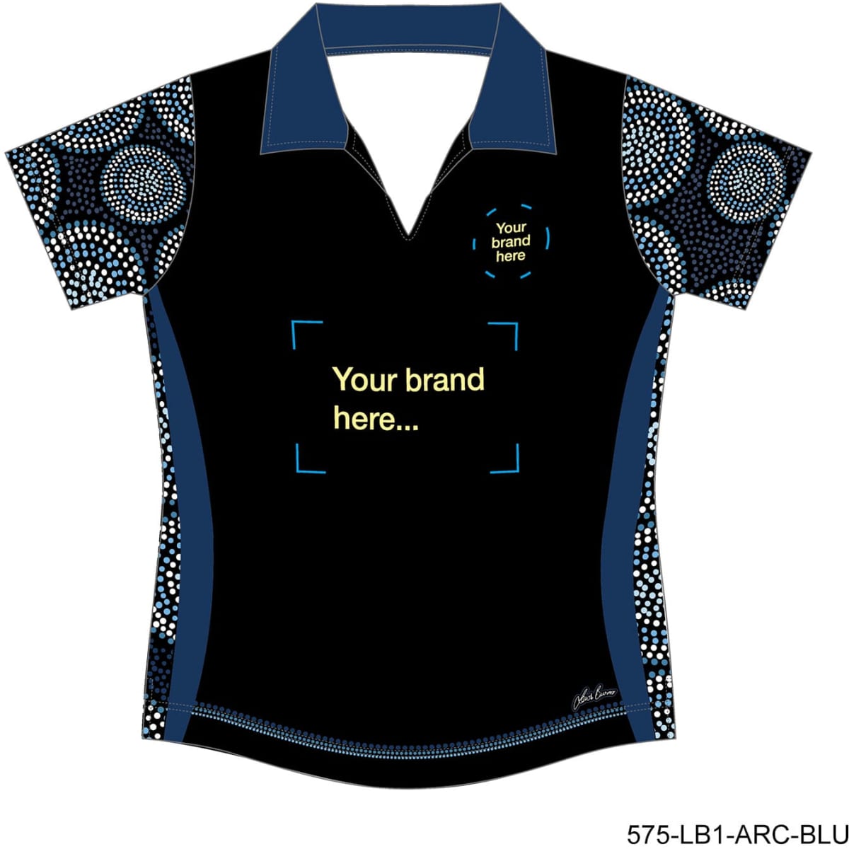 A women's open neck polo shirt in black and blue with a patterned design and a logo space.