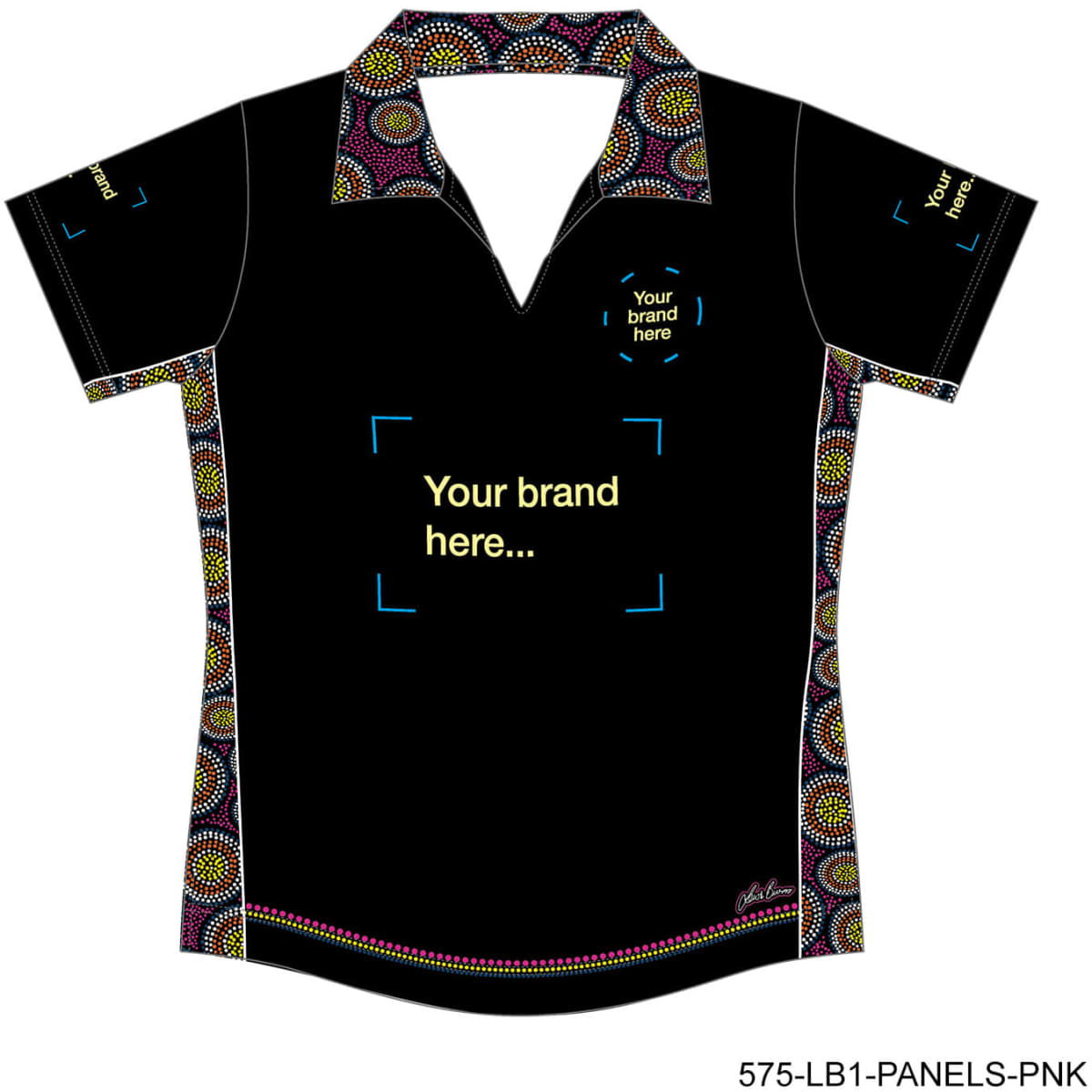 A black women's polo shirt featuring a colourful patterned trim and a placeholder for branding.