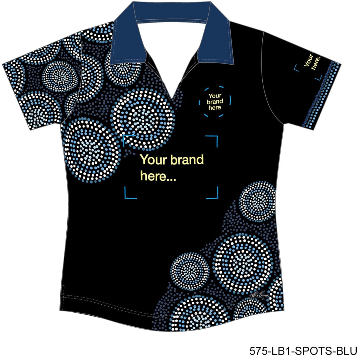A black women's polo shirt featuring a blue collar and a circular pattern design with a logo area.