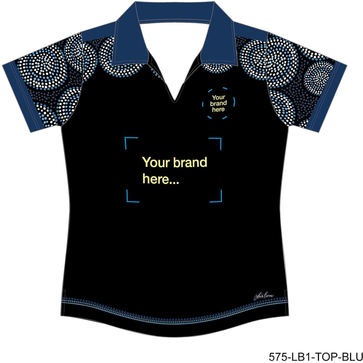 A black polo shirt with a blue collar and patterned sleeves, featuring a logo area for branding.