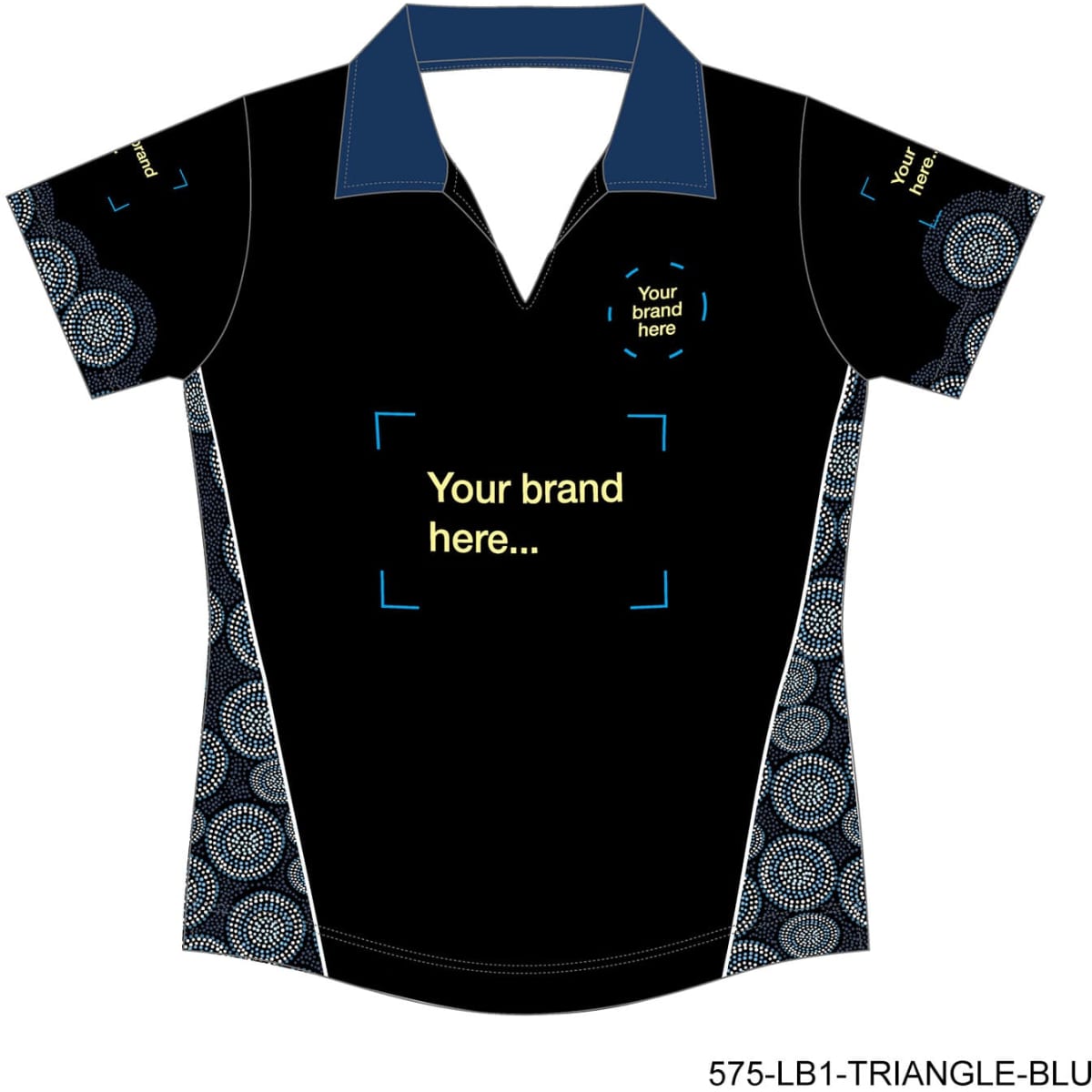 A women's polo shirt featuring a black design with blue accents and patterned sides. It includes a logo area.