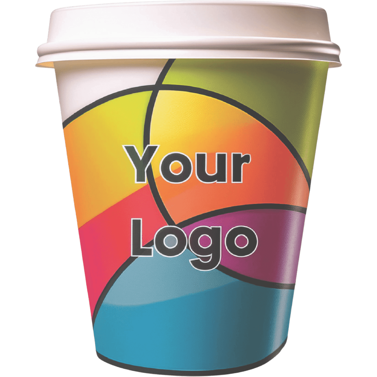 A colourful 12oz single wall paper coffee cup featuring a logo and vibrant geometric designs.