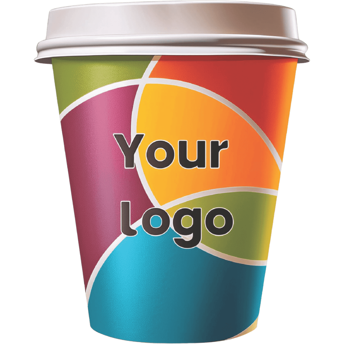 A colourful 12oz double wall paper coffee cup featuring a logo design.