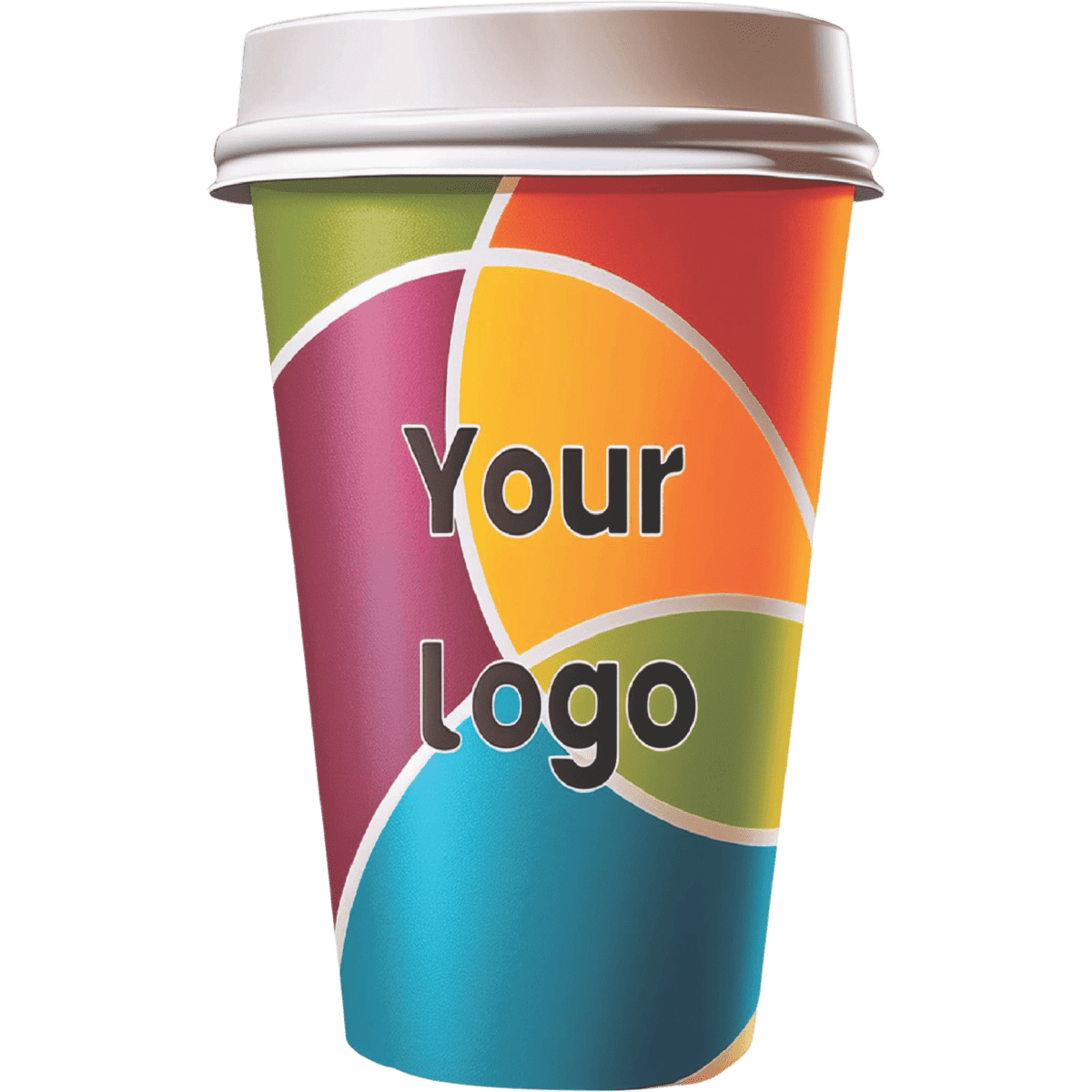 A vibrant, multicoloured 16oz single wall paper coffee cup featuring a logo on the front.