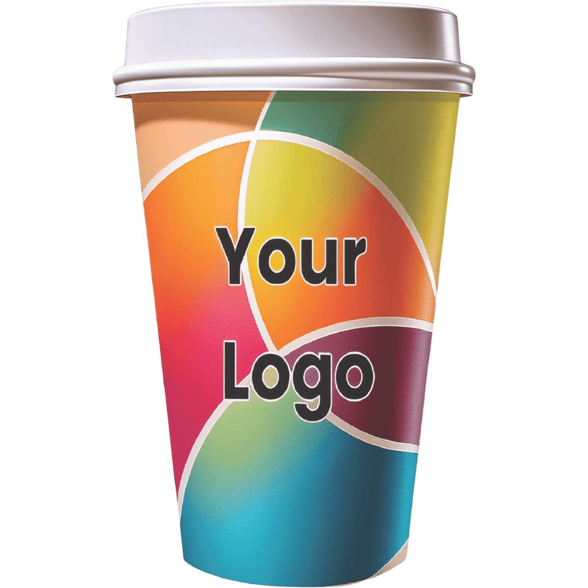 A reusable 16oz double wall paper coffee cup featuring a colourful design and a logo.