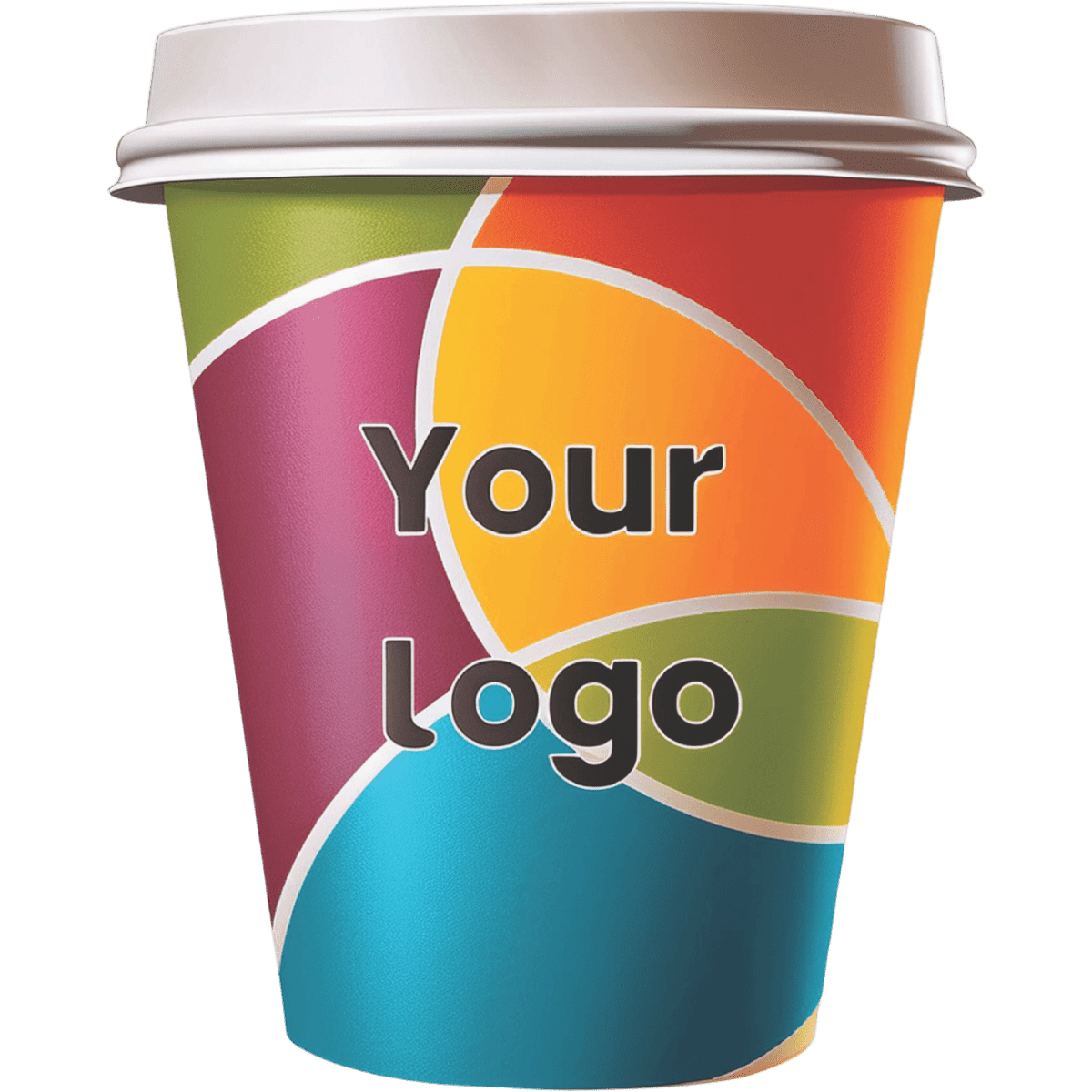 A coffee cup with a vibrant, multicoloured design and a lid, featuring a logo on the front.
