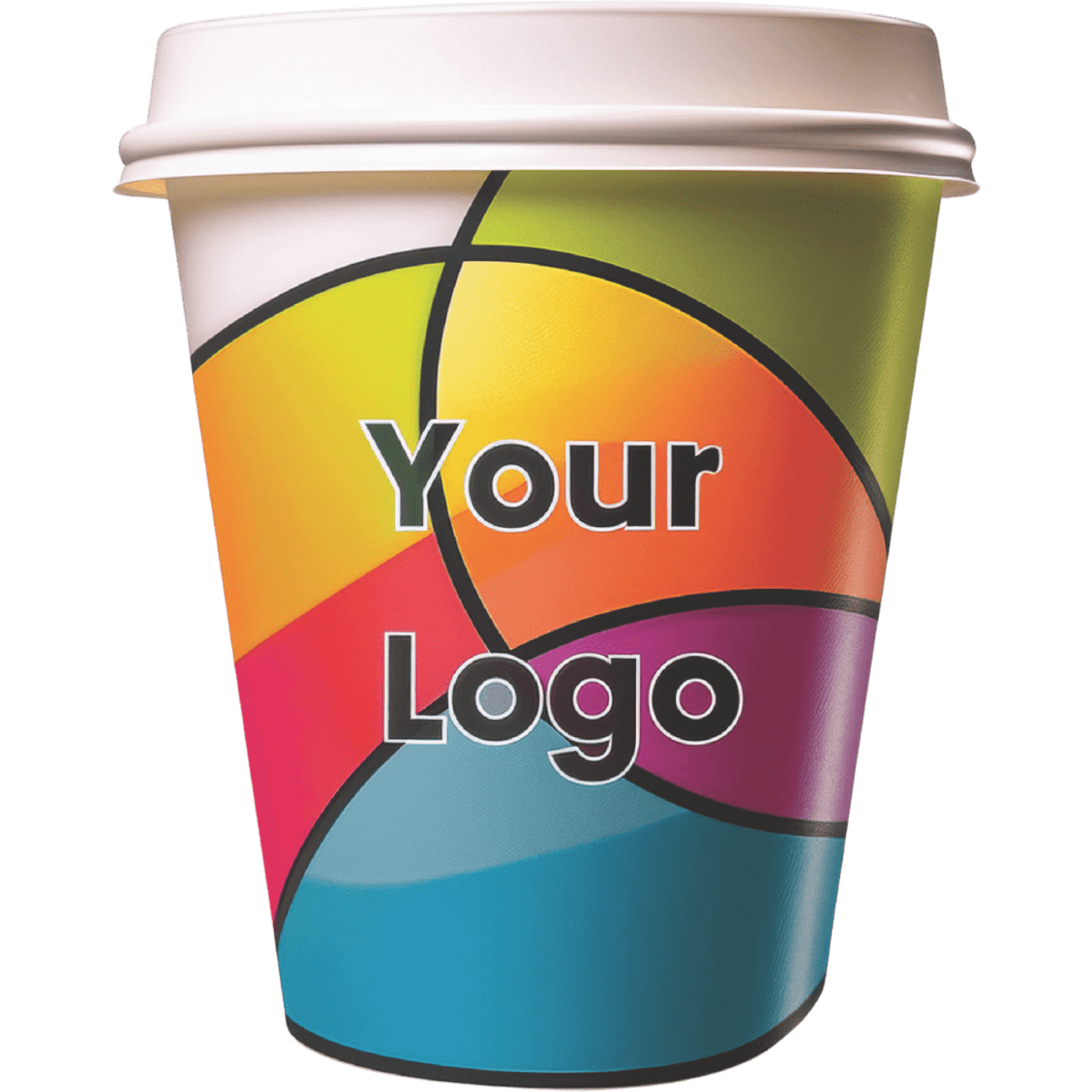 A colourful 8oz single wall paper coffee cup featuring a logo design.