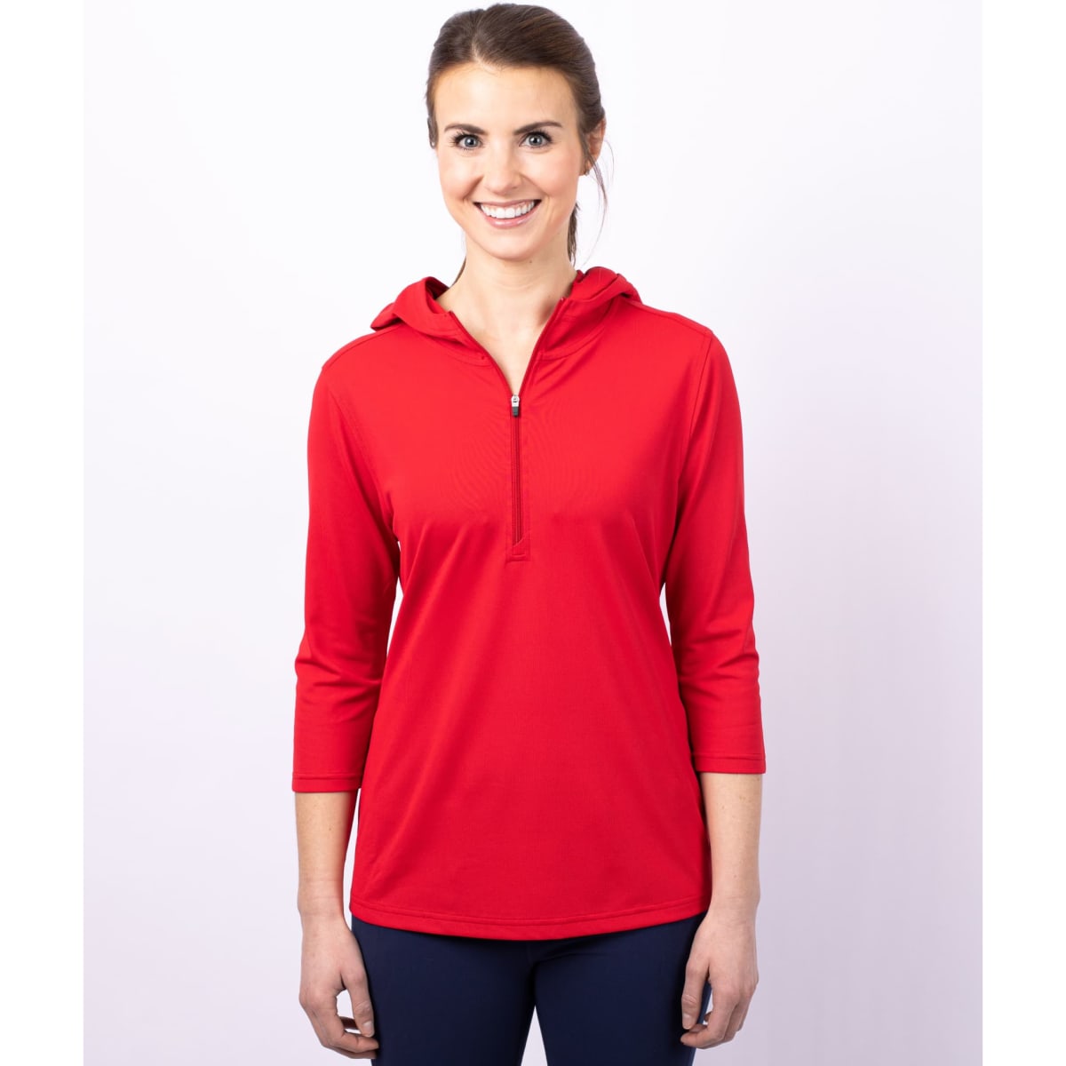 A red half-zip jacket with three-quarter sleeves and a hood, featuring a logo.