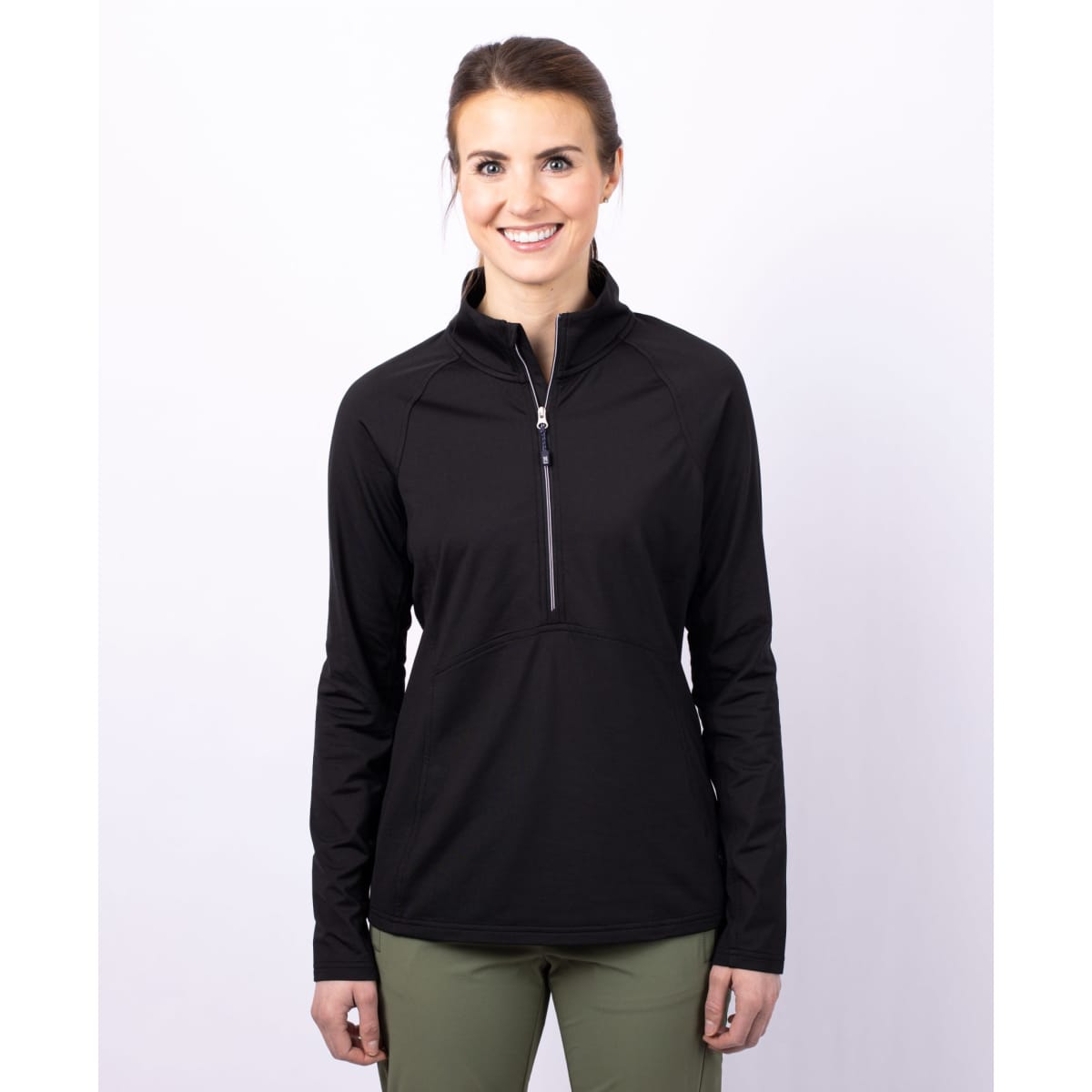 A black half-zip jacket for ladies with a fitted design and a logo on the chest.