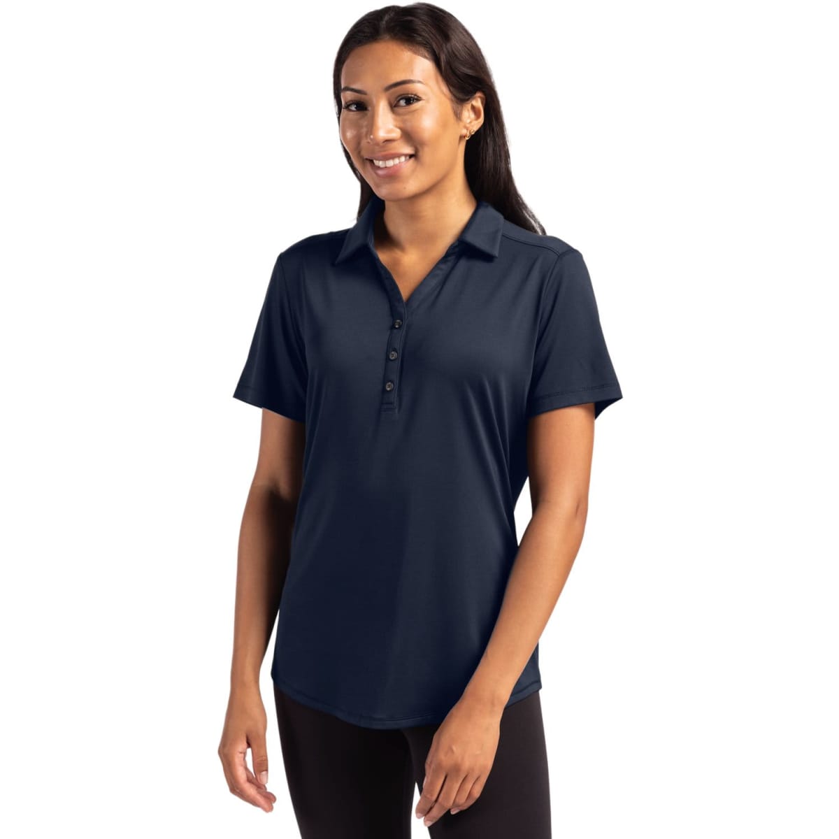 A navy blue polo shirt for women with a collar, short sleeves, and a front button placket. It features a logo.