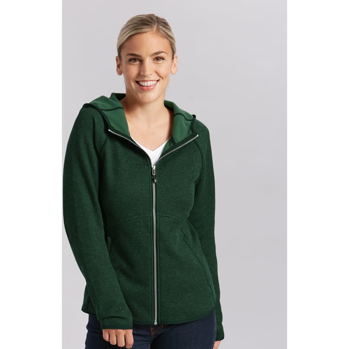 A green hooded jacket with a zip closure and a fitted design. The jacket features a double-layered hood.