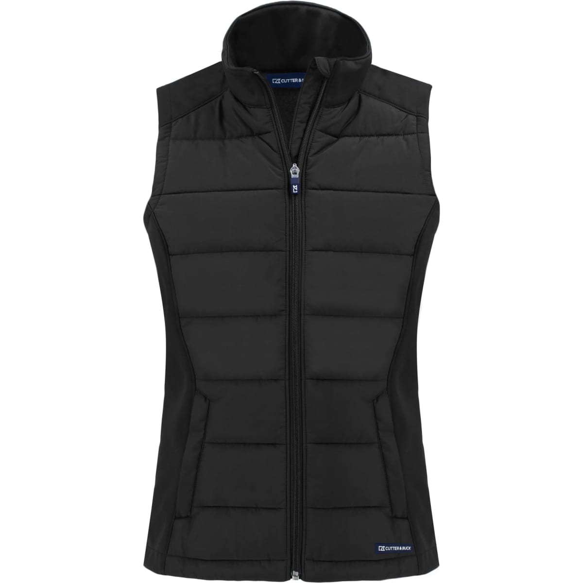 A black eco-friendly hybrid vest with a zip front and padded design, featuring a logo.