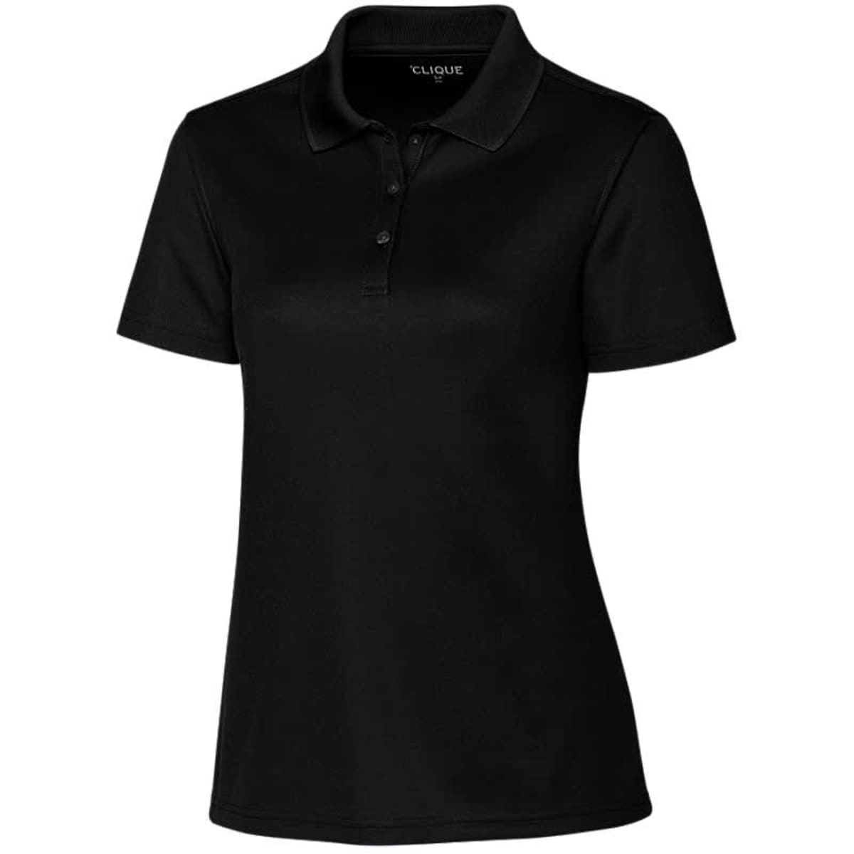A black polo shirt with a collar and short sleeves, featuring a logo on the chest.
