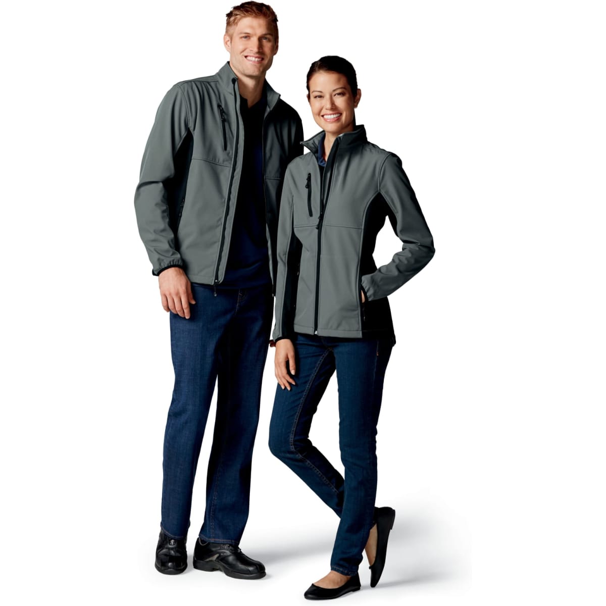 A grey softshell jacket featured on male and female models with a logo displayed. Suitable for casual or outdoor wear.