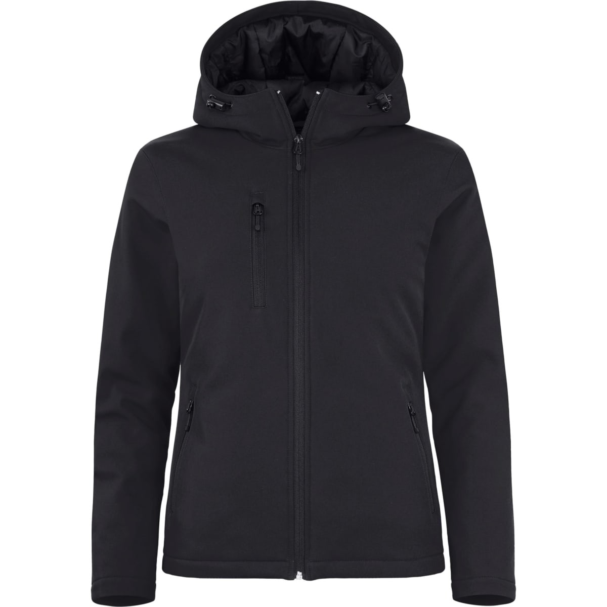 A black softshell jacket with a hood, featuring multiple zippered pockets and a logo on the sleeve.