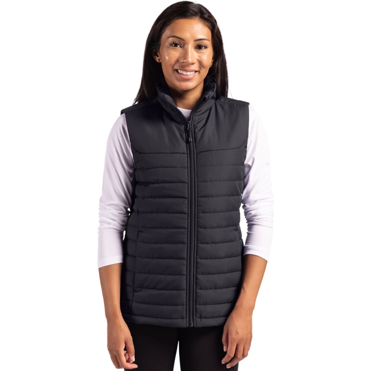 A black puffer vest with a zip front, featuring a collar and a fitted design, modelled by a woman.