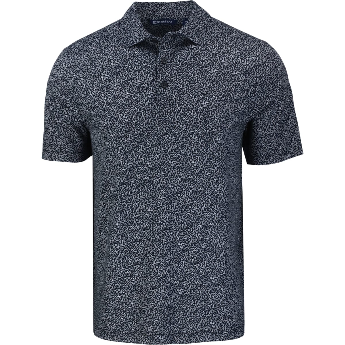 Men’s Pike Eco Pebble Print Polo in navy blue with a pebble print pattern and a collar. Features a logo.