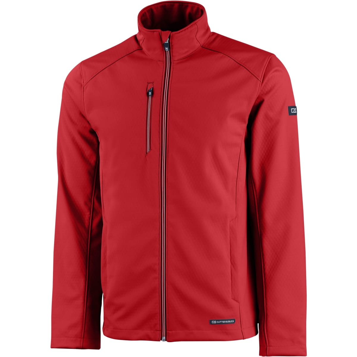 A red softshell jacket with a zippered front, high collar, and a logo on the sleeve.