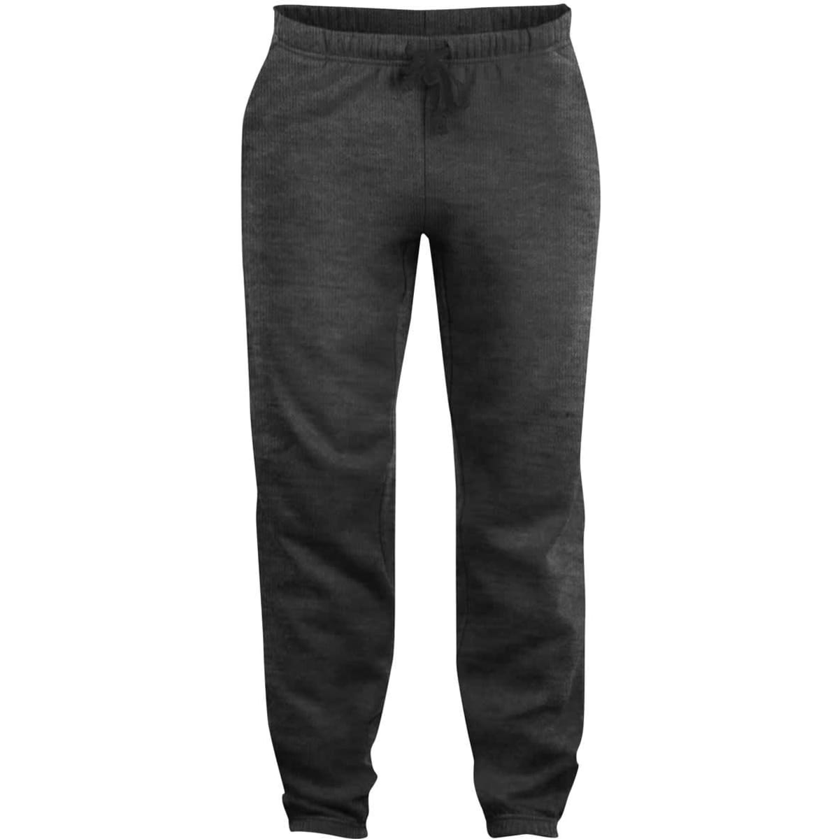 A pair of charcoal grey sweatpants with a drawstring waistband and tapered legs. Includes a logo.