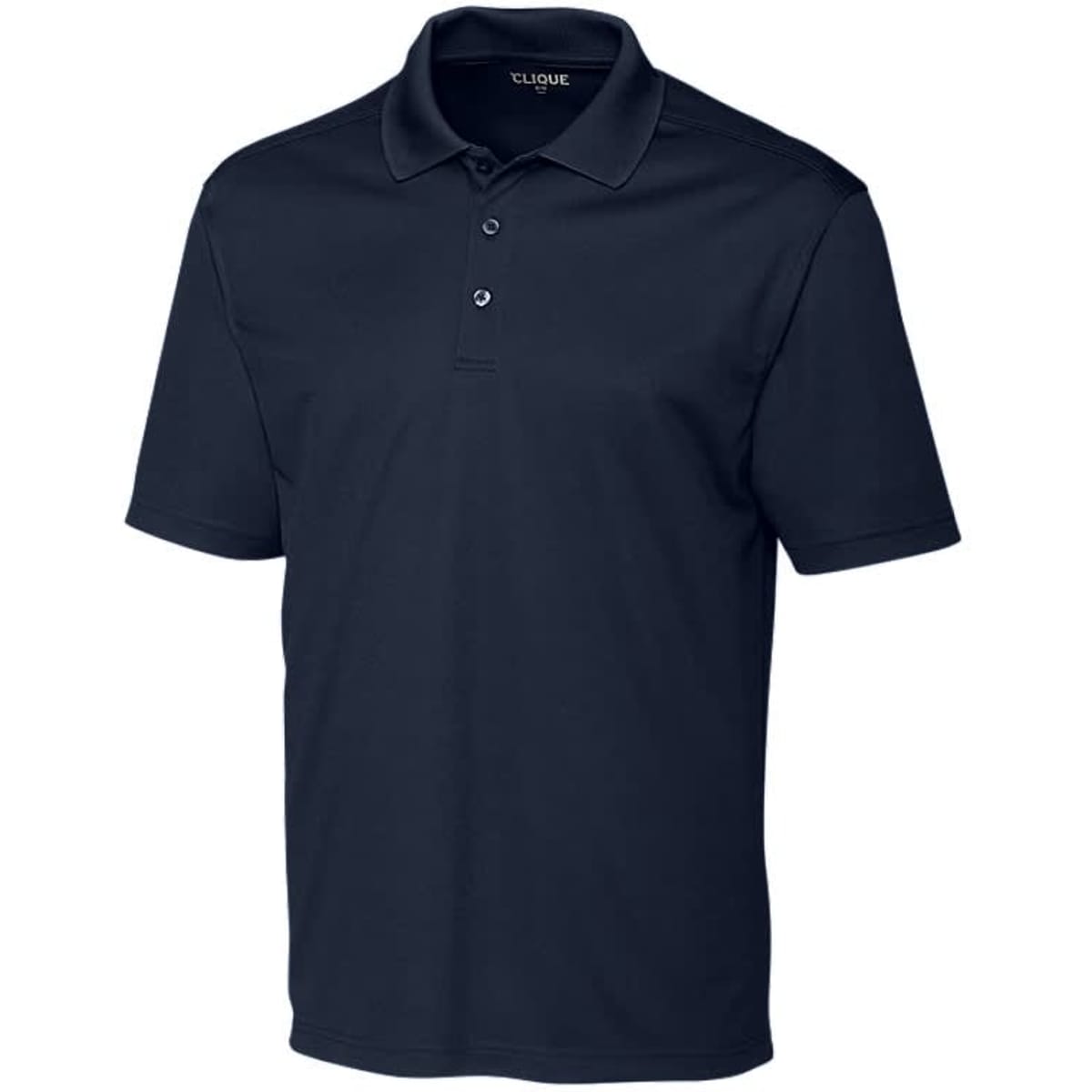 A navy blue polo shirt with a classic collar and three-button placket, featuring a logo.