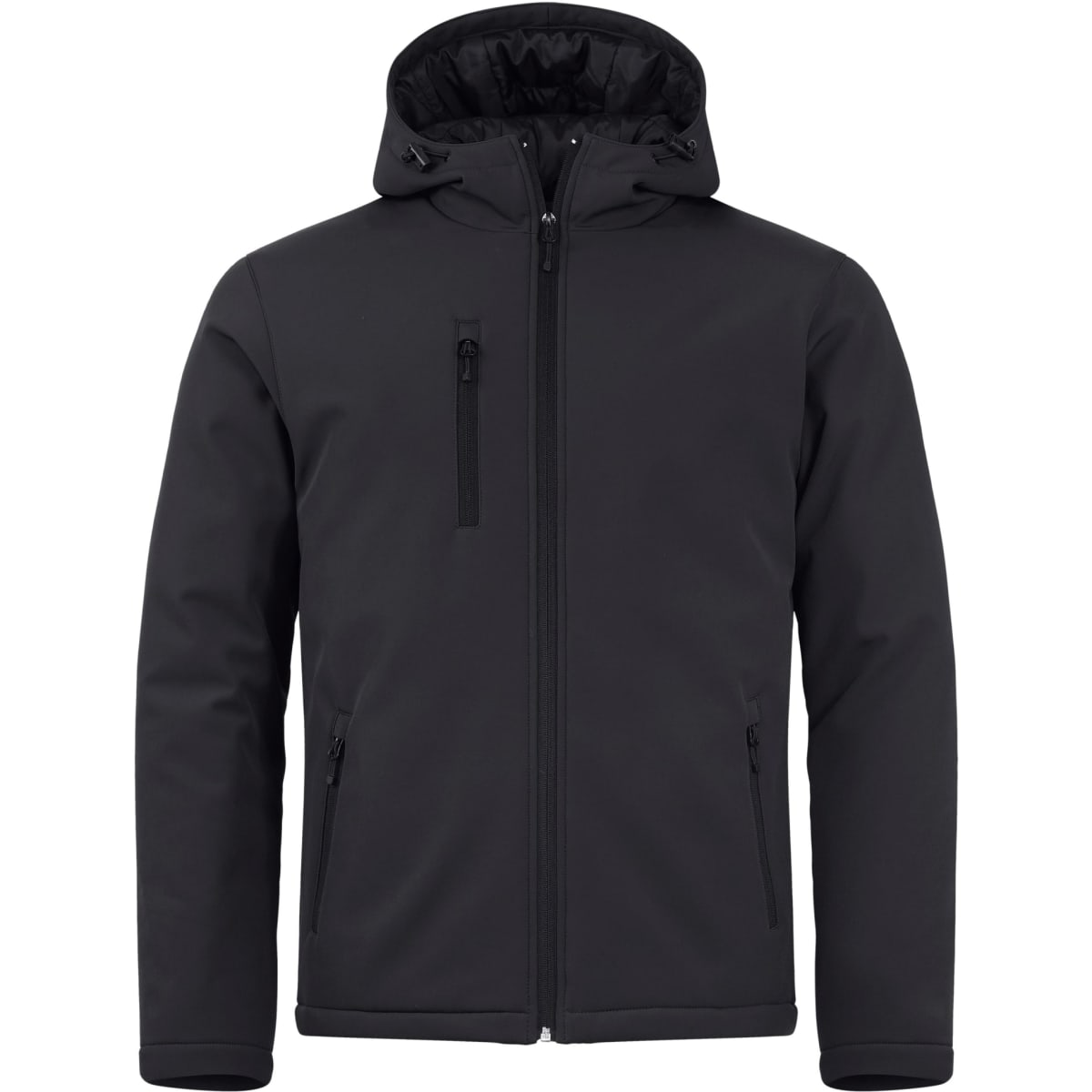 A black men's softshell jacket featuring a hood and multiple zippers, with a logo on the front.