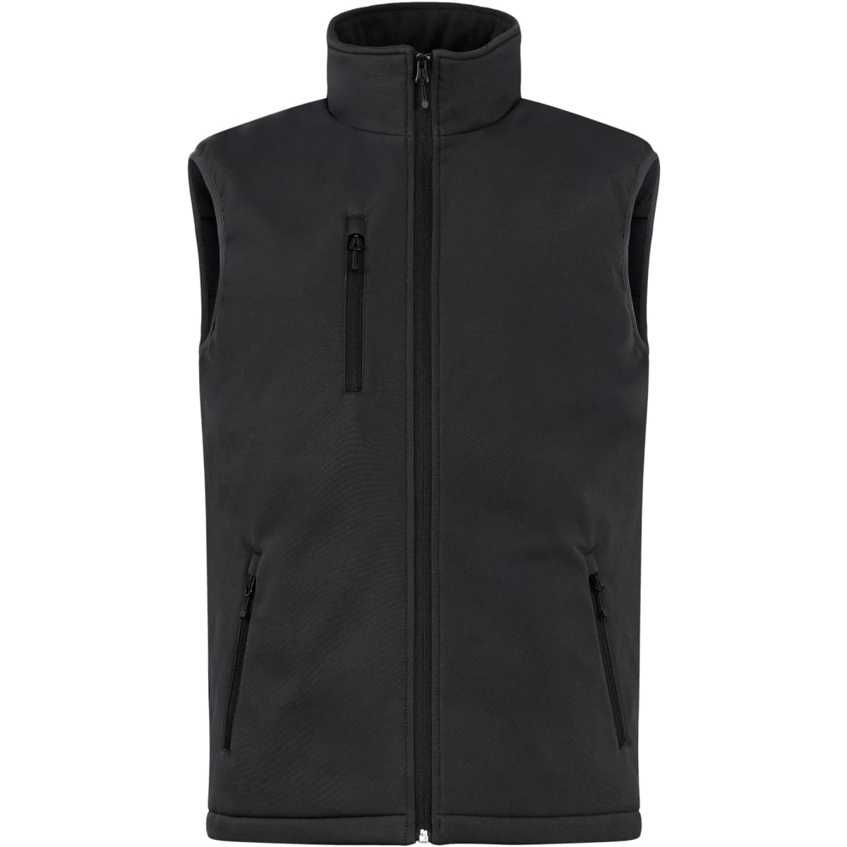 A black men's softshell vest featuring a high collar and multiple zippered pockets, with a logo on the chest.