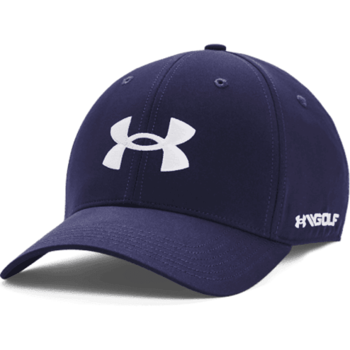A navy blue cap with a logo, featuring a structured design and curved brim. Ideal for golf or casual wear.