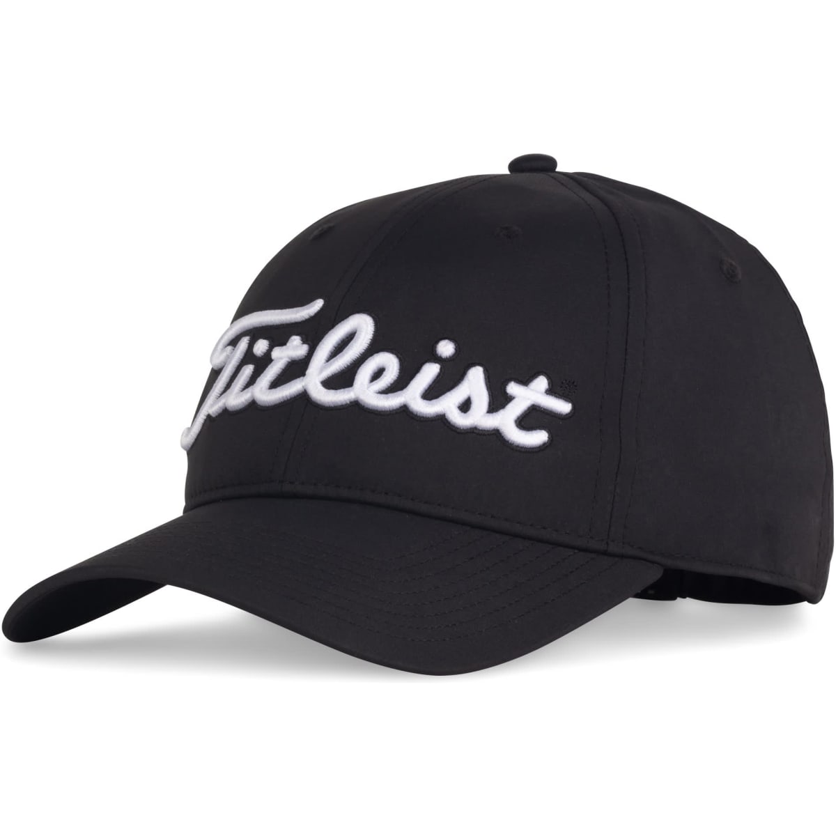 A black cap featuring an embroidered logo. It has a curved brim and adjustable back.