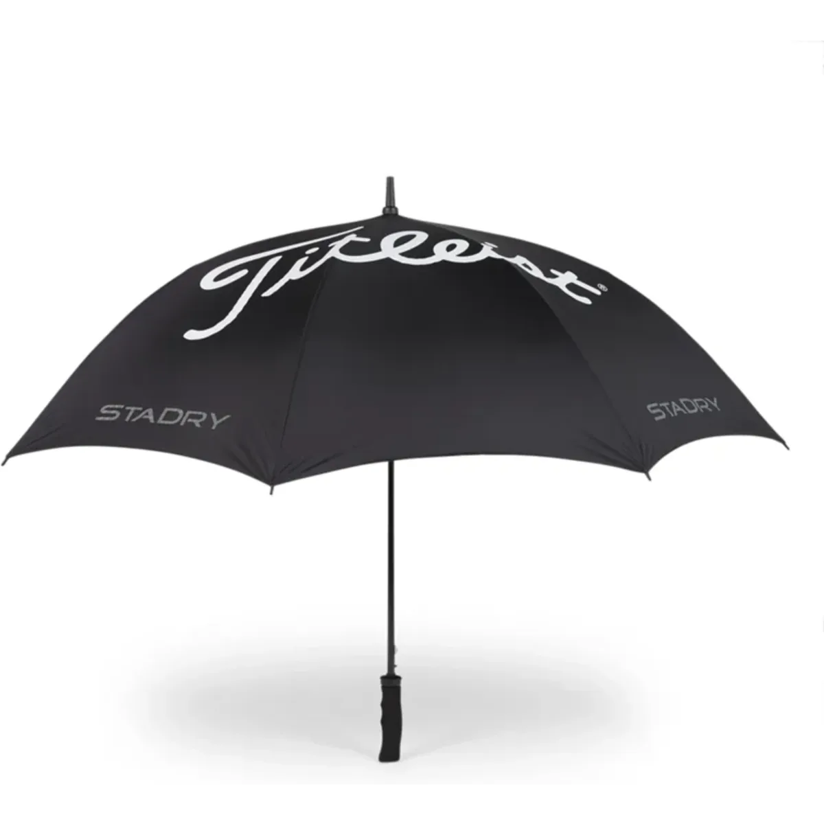 A black single canopy umbrella featuring a logo. Ideal for leisure and outdoor activities.