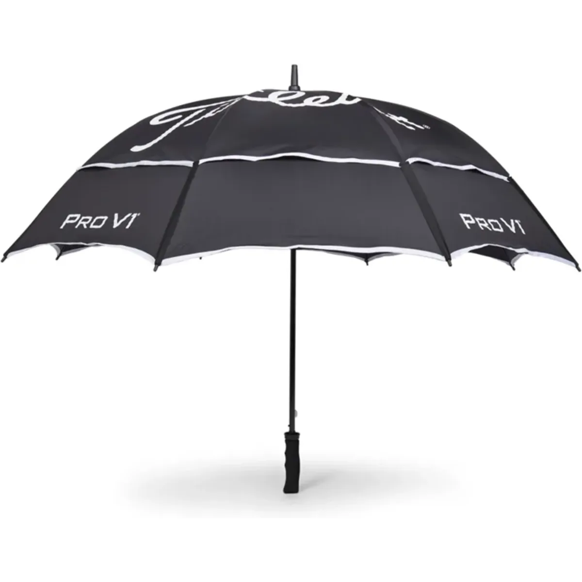 A black double canopy umbrella with a white trim and a logo, designed for leisure and outdoor use.