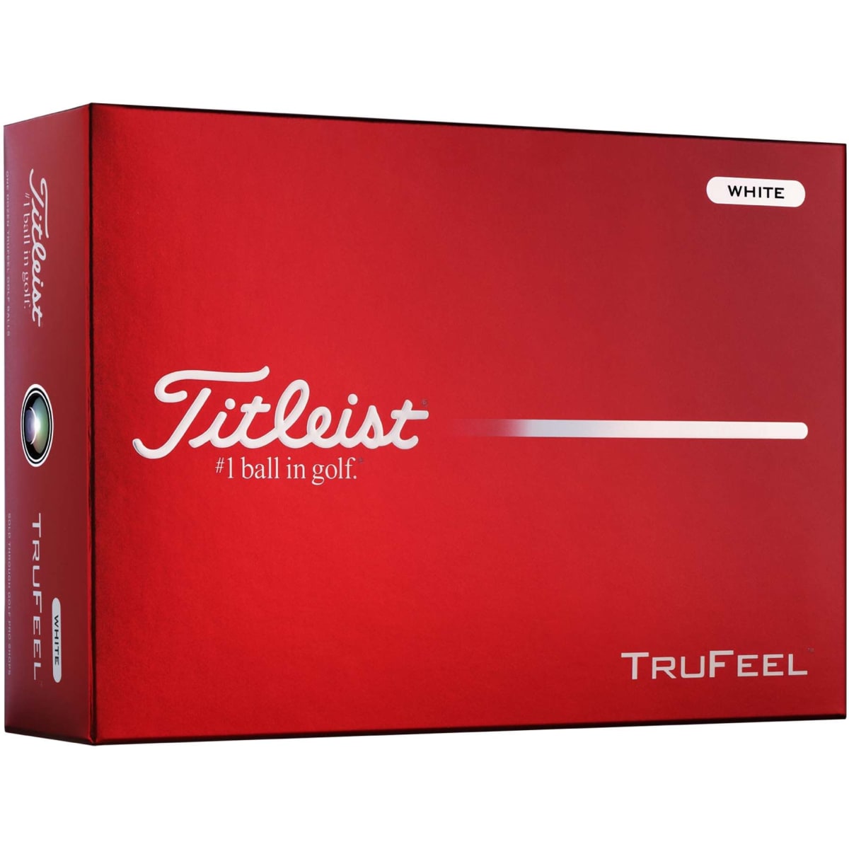 A red box containing Titleist TruFeel golf balls, featuring a logo and labelled as white.