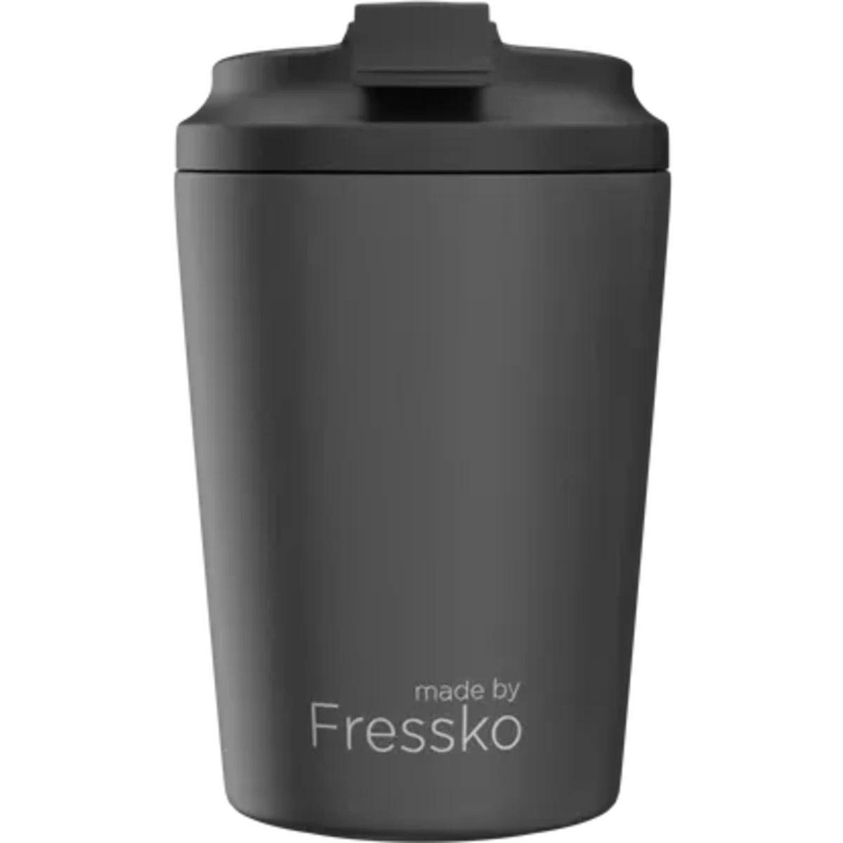 A reusable cup in matte black with a lid and a logo, designed for 8oz (230ml) beverages.