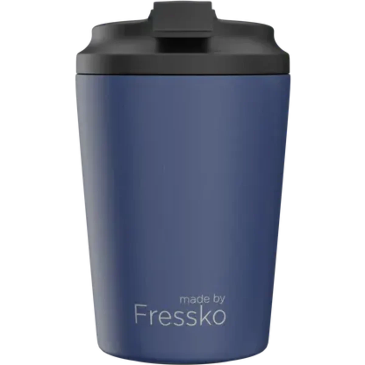 A reusable cup in deep blue with a black lid and a logo. Holds 12oz (340ml).