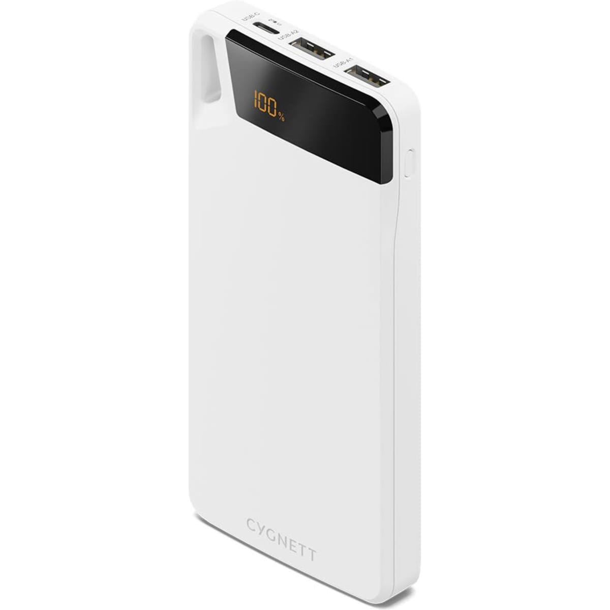 A white power bank with multiple USB ports and a digital display showing battery percentage. It has a logo on the front.
