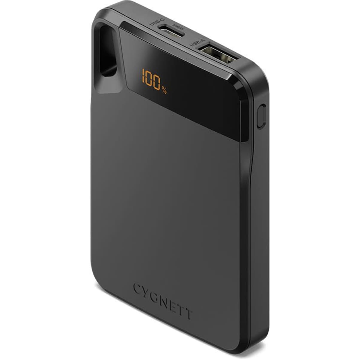 A black power bank with two USB ports and a digital display indicating battery percentage. It features a logo.