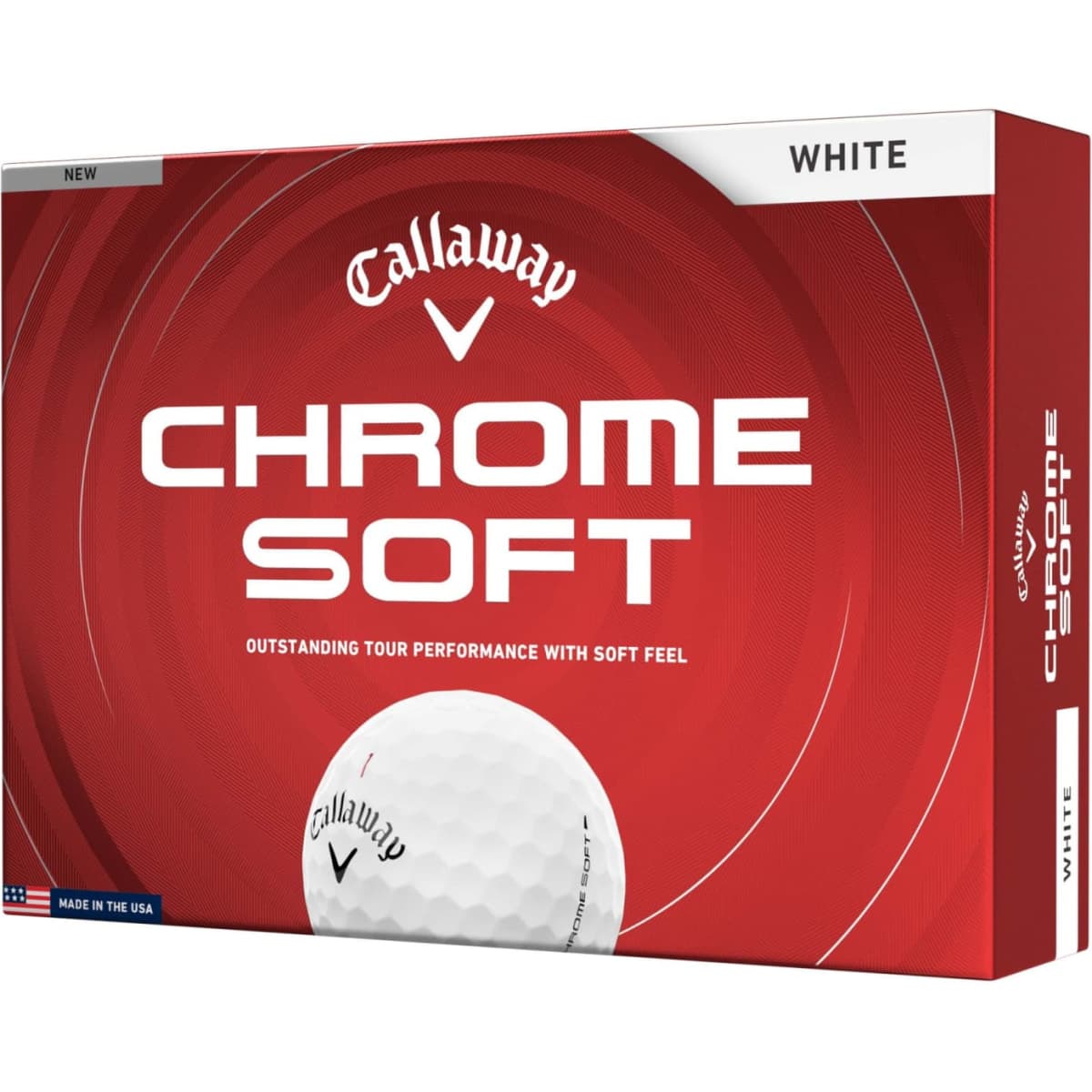 A box of white Callaway Chrome Soft golf balls, featuring three ball sleeves and branding with a logo.